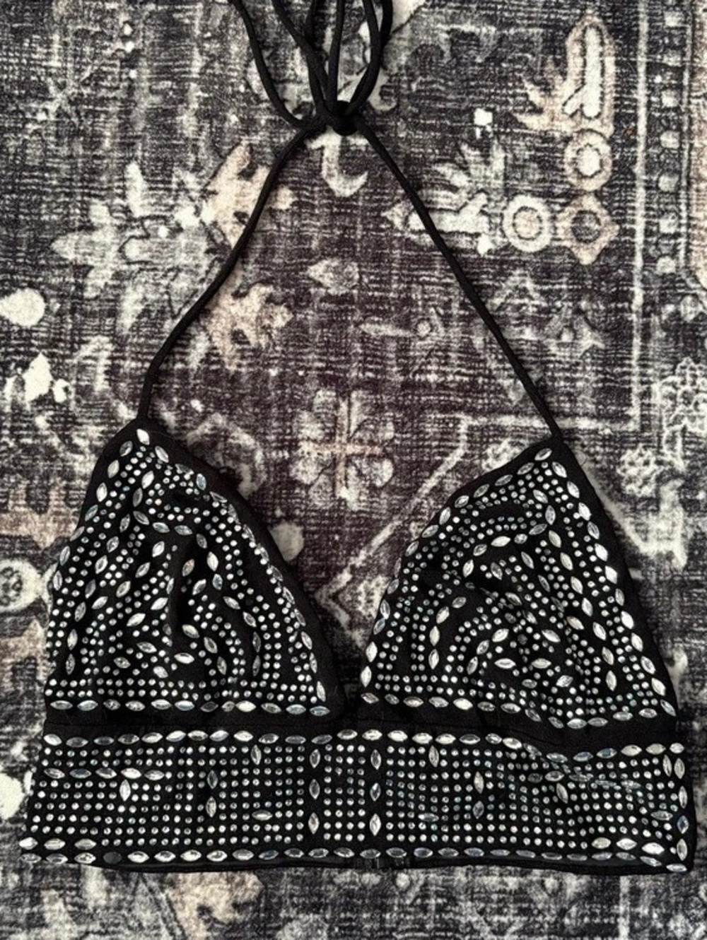 Windsor Black Rhinestone Embellished Halter Bralette Crop Top Small